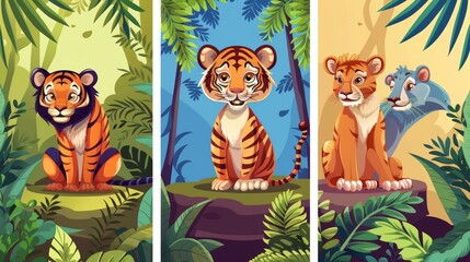 Jungle inhabitants in zoo park or safari outdoor area, wild tiger, monkeys, and hyenas cartoons, set of modern illustrations.