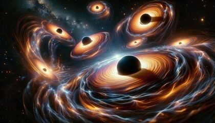 cosmic event featuring multiple black holes warping the fabric of space.