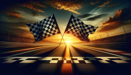racetrack at sunset, featuring two large, waving checkered flags positioned at the finish line.