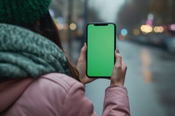 Girl on the street holding a smartphone with Green screen, Woman using Smartphone with Chroma Key Screen , Closeup , blurred background