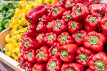Colorful Bounty: Fresh Green, Red, Orange, and Yellow Bell Peppers Full Frame Background in 4K Photo