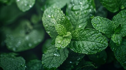 Mint leaves dark background. Realistic mint leaves and with drops of dew. Top view nature background with spearmint herbs. - obrazy, fototapety, plakaty