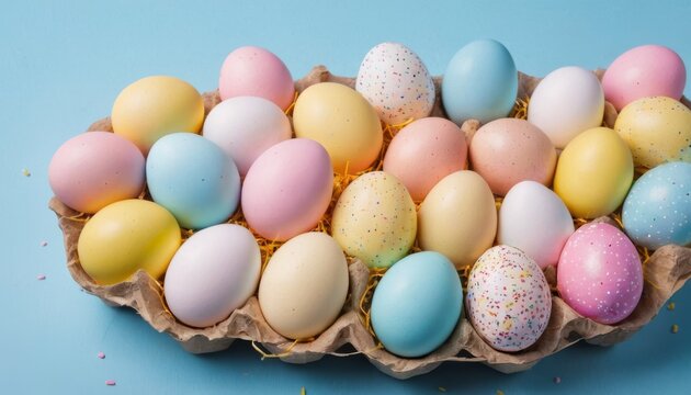 Top view photo of yellow pink blue white Easter eggs and sprinkles on isolated pastel blue background with empty space