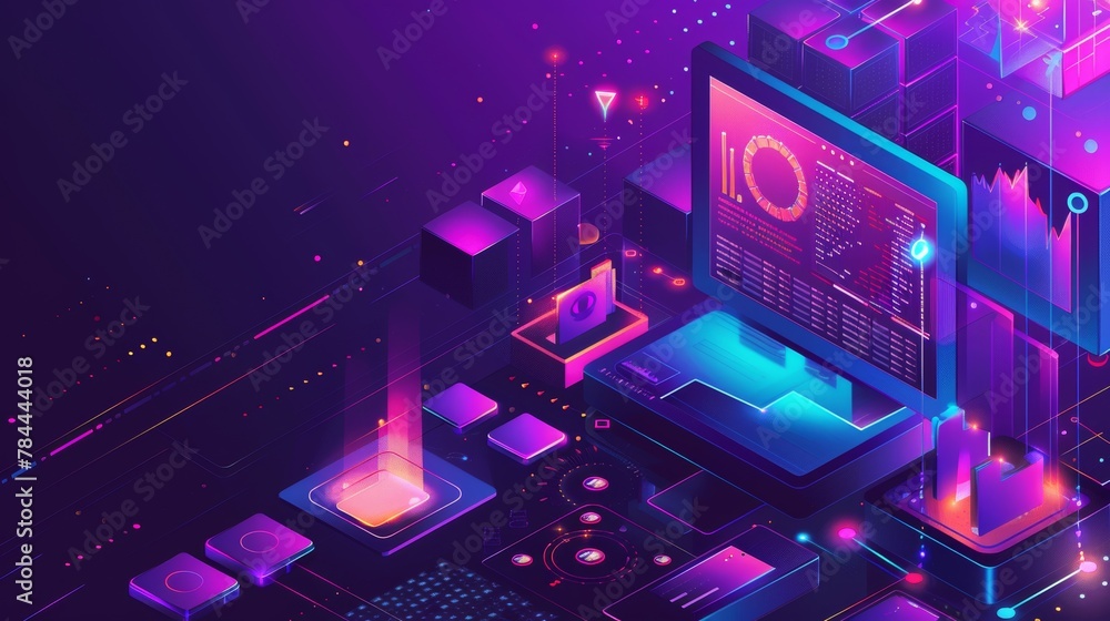 Poster isometric crm landing page with graphs, 3d modern with banner and marketing strategies for managing 