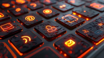 Foto op Canvas Close look at the keyboard with glowing  light,Black color of key pad laptop with light of sunset,Science and technology theme, keyboard with bloom light.  © najeeb