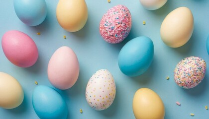 Fototapeta na wymiar Top view photo of yellow pink blue white Easter eggs and sprinkles on isolated pastel blue background with empty space