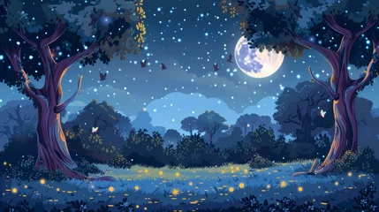 Fototapete Rund This is a modern illustration of a night forest with a parallax background, a landscape in the nature with moonlight glow and flying fireflies. This is a cartoon scene with layered layers, a © Mark