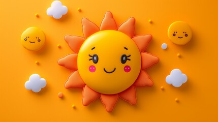 A cute cartoon sticker of a cheerful sun, placed on a solid orange background, representing...