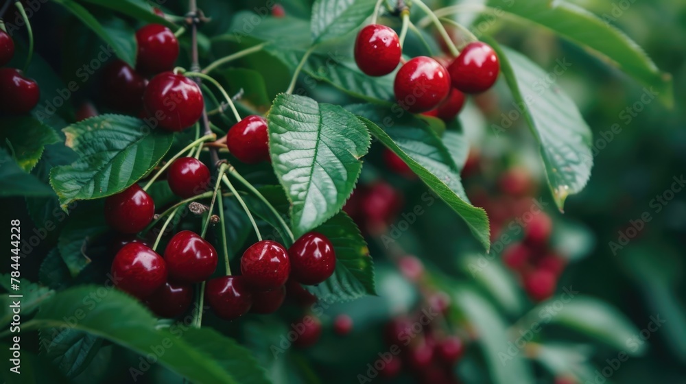 Poster a close-up shot of cherries on a tree. perfect for food and nature-related projects