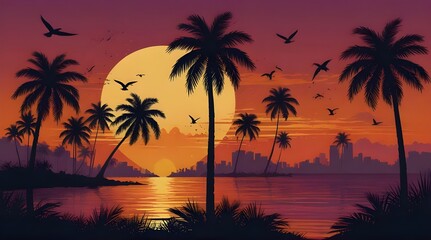 Fototapeta na wymiar Vector Illustration With Palms Sunset and Birds .Generative AI