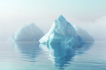 Geometric 3D icebergs floating in an ethereal sea