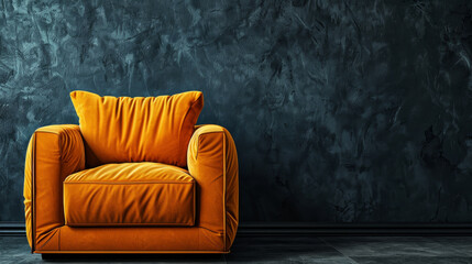Orange velvet armchair against a textured grey wall with copy space for text.