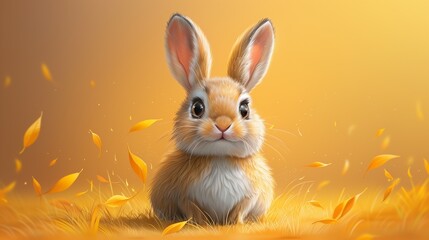 A cute cartoon sticker of a little bunny, affixed to a solid yellow background, radiating warmth...