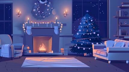 The living room has a Christmas tree, a fireplace, and a sofa at night. Modern illustration of the living room with a Christmas tree, a fireplace, and a sofa decorated for the New Year, a Christmas