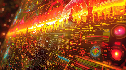 A visually rich artwork displaying a cityscape superimposed on a futuristic tech-inspired board, filled with vibrant colors and electronic motifs - obrazy, fototapety, plakaty
