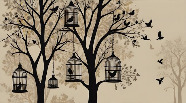 tree with birds and bird cages vector .Generative AI
