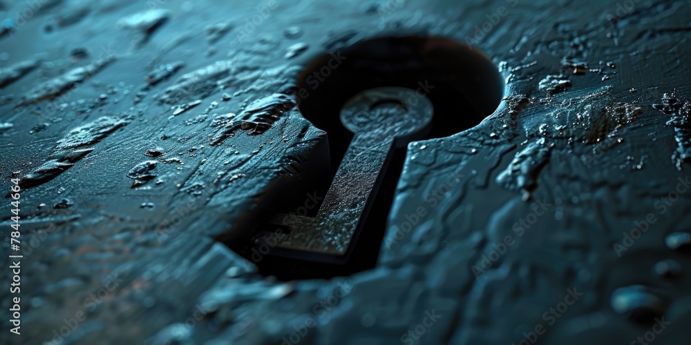 Poster Detailed view of a keyhole on a metal surface, suitable for security concepts