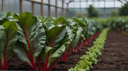 Swiss Chard crops in greenhouse .Generative AI - obrazy, fototapety, plakaty