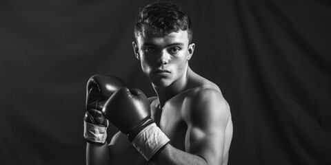 A young man wearing boxing gloves posing for a picture. Suitable for sports and fitness related projects