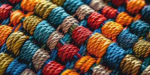 Fototapeta na wymiar Close up of a vibrant multi colored rope, perfect for backgrounds or texture use
