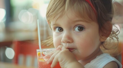 Young girl sitting at a table with a drink, suitable for lifestyle or family concepts