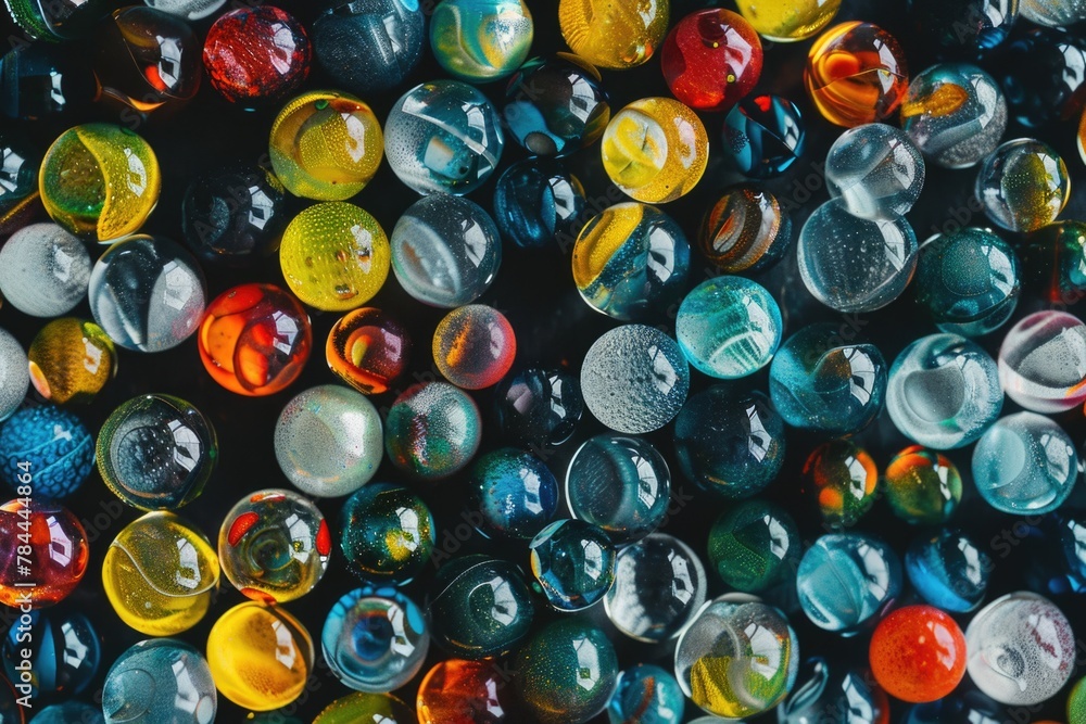 Poster colorful marbles stacked on a table, suitable for various projects