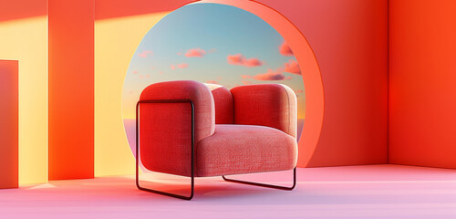 Modern red armchair in a room with orange walls and circular window.