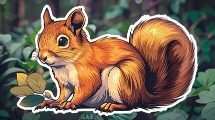 A cute cartoon sticker of a mischievous squirrel, positioned on a solid brown background, adding a...