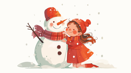 Little Girl and Snowman Watercolor Clipart 2d flat