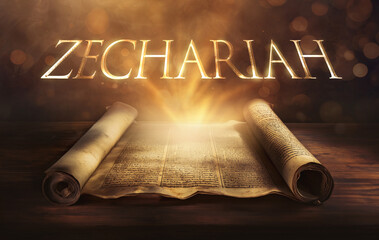 Glowing open scroll parchment revealing the book of the Bible. Book of Zechariah. Prophecy, visions, restoration, temple, Messiah, repentance, cleansing, judgment, hope, future - obrazy, fototapety, plakaty