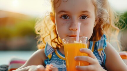 A young girl holding a glass of orange juice, perfect for promoting healthy lifestyle choices