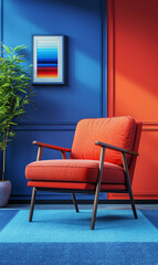 Retro orange armchair against a matching orange background.