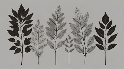 Set monochrome simple leaves botanical branches .Generative AI - obrazy, fototapety, plakaty