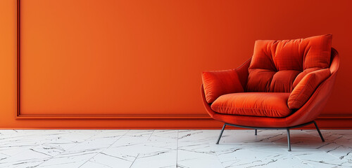 Stylish orange chair on an orange background in a minimalist setting.