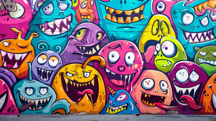 colorful monsters on a brick wall graffiti style