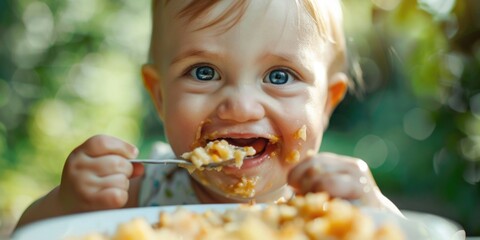 Young child eating with a fork, ideal for illustrating mealtime or parenting articles