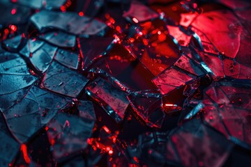 Close-up of shattered glass with glowing red lights, suitable for crime or mystery themes