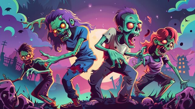 Modern banners of zombies with cartoon illustration of night landscape with angry dead woman and dead men with dangling arms.