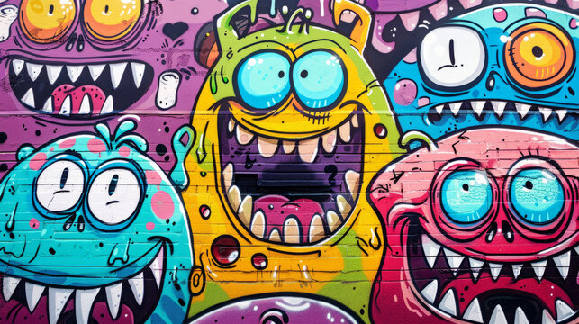 colorful monsters on a brick wall graffiti style