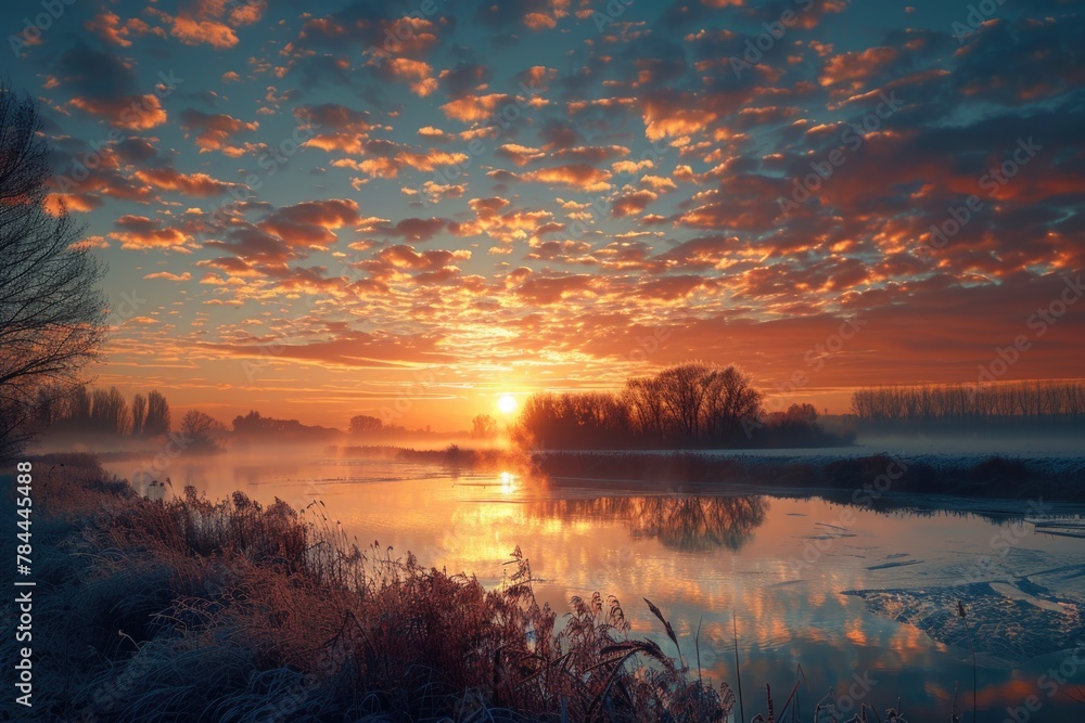 Poster sun setting over water with grass in foreground. suitable for nature and landscape themes