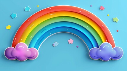 A cute cartoon sticker of a joyful rainbow, placed on a solid sky blue background, representing...