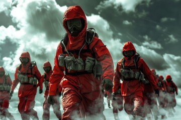 A group of people wearing red jackets and gas masks. Suitable for concepts related to pollution or safety measures - obrazy, fototapety, plakaty
