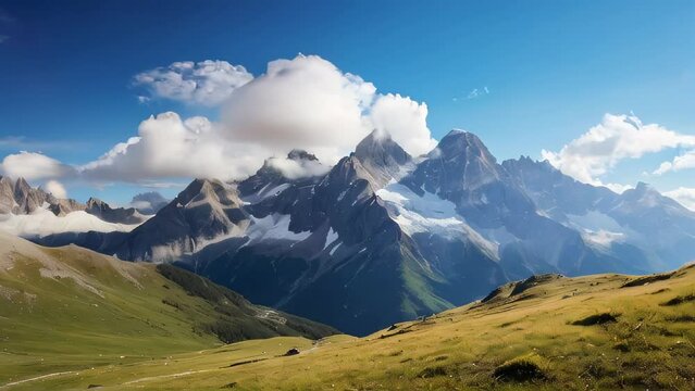 Breathtaking summer panorama of the Swiss Alps, snow-capped peaks pierce a clear blue sky above lush green valleys