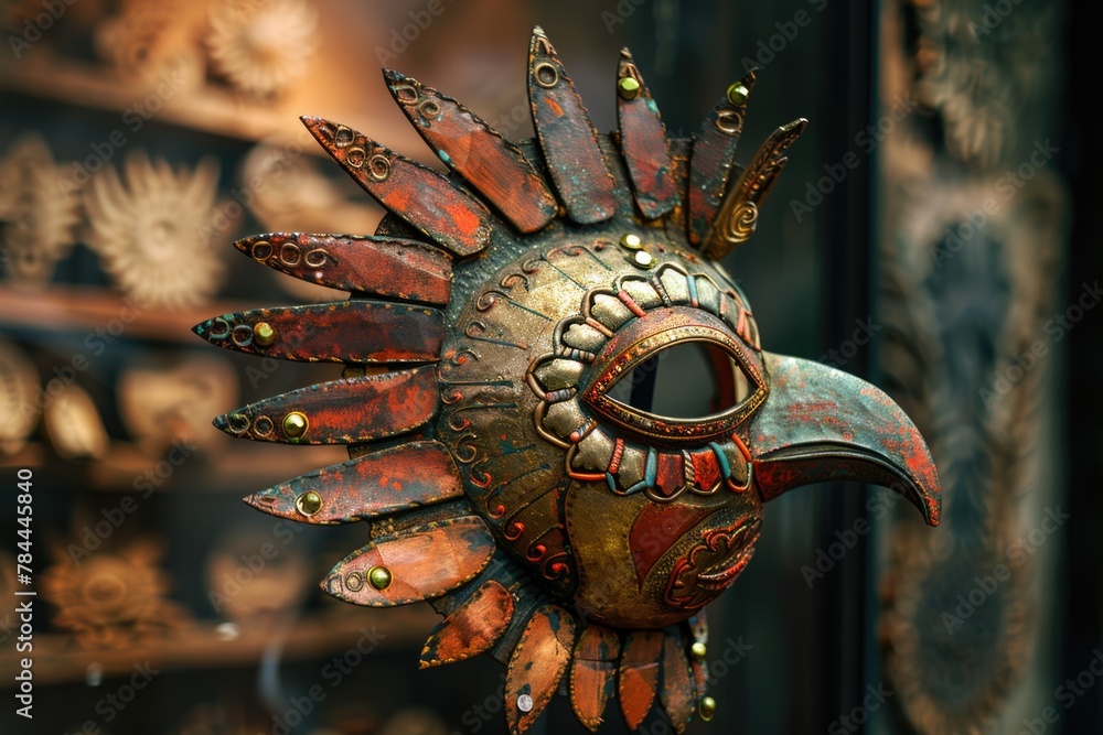 Poster detailed close up of a mask displayed on a shelf, suitable for various themes