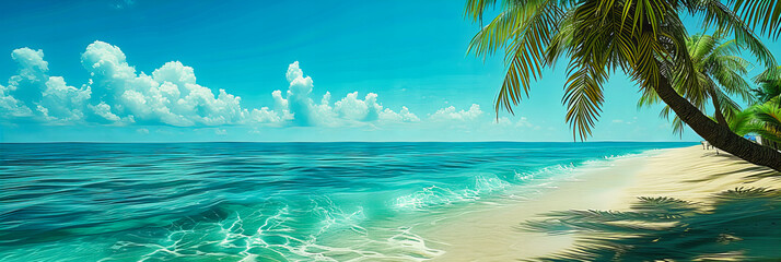 Fototapeta na wymiar Caribbean Beach with White Sands, Azure Waters, and Scenic Palm Trees on a Bright Sunny Day