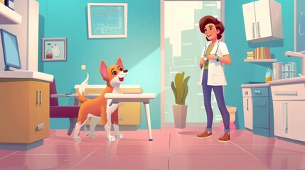 Veterinary clinic visit by dog owner and puppy. Modern flat illustration of veterinarian, owner and puppy. Concept of domestic animals' health care.