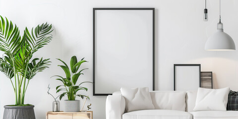 White, blank poster in a black frame on the wall

