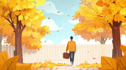 Illustration of a man with a briefcase walking in an autumn park. Modern cartoon illustration of an autumn landscape with a fence, sidewalk, and a technician worker with a toolbox.