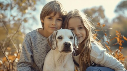 A boy and a girl posing for a picture with a dog. Suitable for various projects