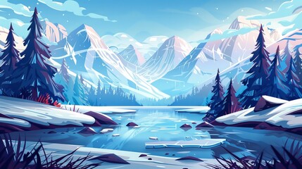 An illustration of a winter or spring nature panorama with snowy rocks, fir trees, lakes and flowing water. Modern cartoon illustration of a northern landscape with white mountains, melting snow, and - obrazy, fototapety, plakaty